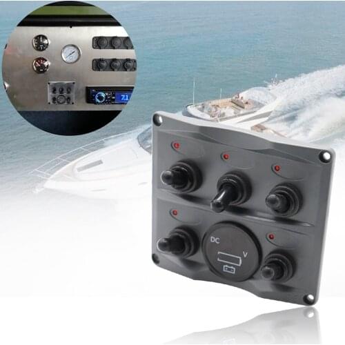 LED 5 Gang ON-OFF Marine Boat Toggle Switch Panel Digital Voltmeter Socket