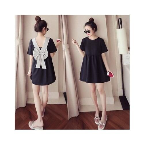 Summer Korean Back Bow Pregnant Dresses Party Black Dress Loose Maternity Clothes Dress High Waist Cute Pregnancy Women Dress