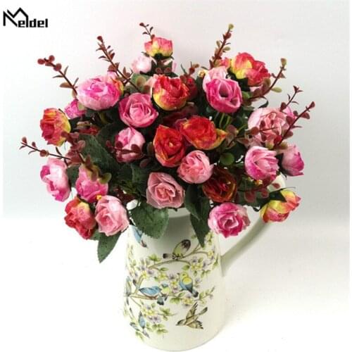 Meldel Shining Silk Fake Flowers Roses Wedding Flower 21 Head Artificial Flowers for Home Party Decor Faux Flores Rose DIY Decor