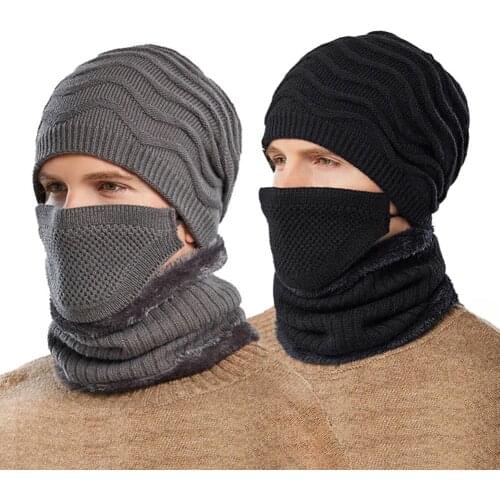 3-in-1 Men Knitted Hat Scarf Face Protector Set For Winter Skiing Beanie Men Women For Riding Outdoor Sports Scarf Set