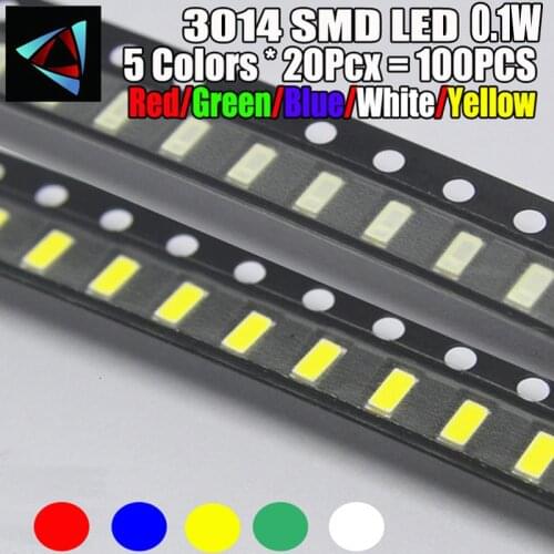 5 x 20pcs/Color=100pcs New 3014 0.1W 3.0 * 1.4 MM 2.0-3.2V Red/Green/Blue/White/Yellow SMD LED kit