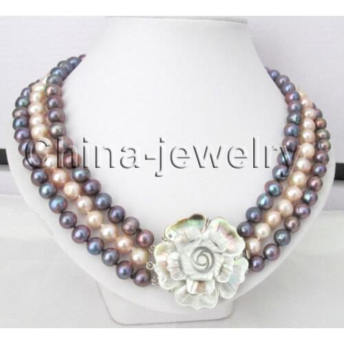 - 18.5-20.5" 3row 8-9mm black & pink round freshwater pearl necklace