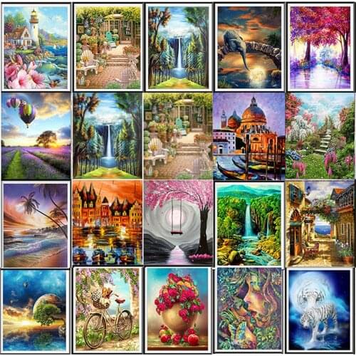 Landscape 5D diamond painting full diamond rural woods beach flowers round diamond mosaic pattern home decoration DIY handmade
