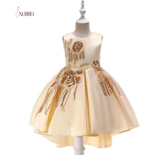 Xunbei Wedding Party Gown Princess Flower Girl Dress Knee Length Satin Hi-Low Sequined Kids Ball Gown Girls Pink Lovely Cloths