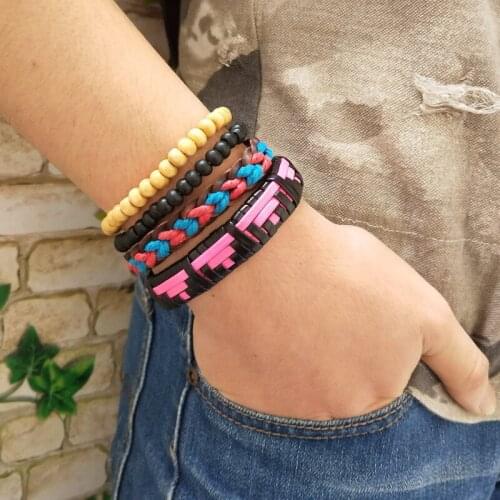 Adjustable Size! Bohemian Wood Beads Bracelet Boho Bracelet Cuff Men Leather Braclet Femme Male Wrist Band Handmade Jewelry
