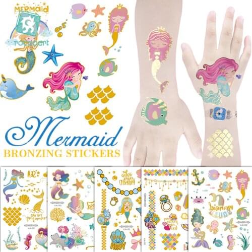 Rocooart Water Tattoo For Kid Cartoon Silver Gold Tattoo Sticker Sea Mermaid Temporary Tattoos Children Girls Hand Finger Tattoo