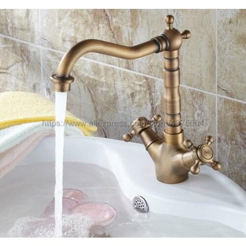 Basin Faucets Antique Brass Bathroom Sink Faucet 360 Degree Swivel Spout Double Cross Handle Bath Mixer Taps Nsf090
