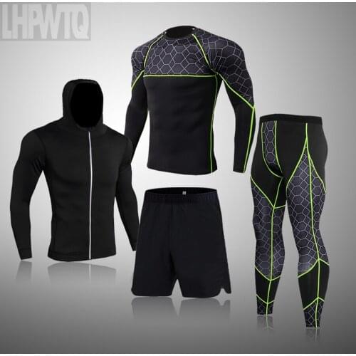 Brand Mens Sport Running Compression Set Grid Long Sleeves Sweatshirt Tracksuit Fitness Rashguard MMA Gym Training Clothes
