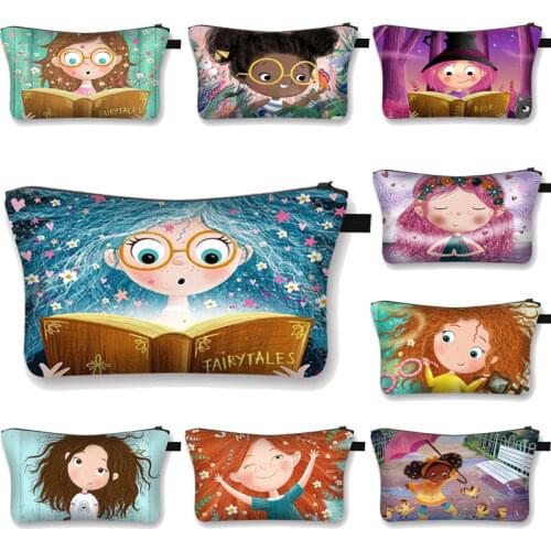 Cute Girl with Books Printed Cosmetic Bag wowans Casual Fashion Storage Bag Personalized Cosmetic Case girls make up bag