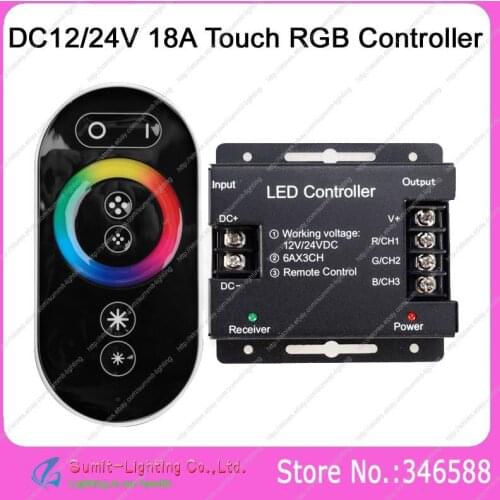 DC12V-24V 18A RGB LED Controller with RF Full Touch Wireless Remote & Color Wheel for 5050 or 3528 SMD RGB LED Striplight
