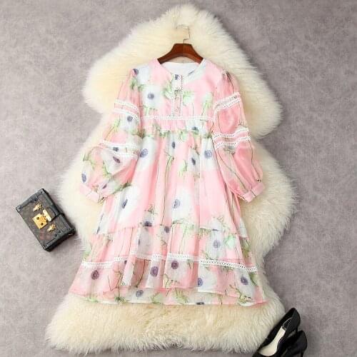 European and American womens wear for summer 2021 Long sleeve printed lantern sleeve Fashion Pink Dress