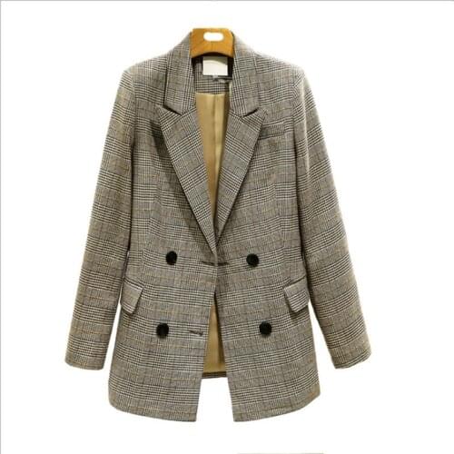 2020 new vintage double-breasted plaid jacket pocket jacket vintage jacket womens coat