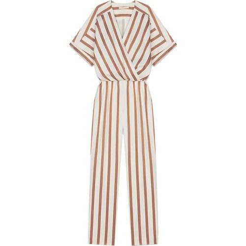 Patads French fashion stitching contrast stripe casual pants spring and summer V-neck short sleeve Jumpsuit women e19pieni