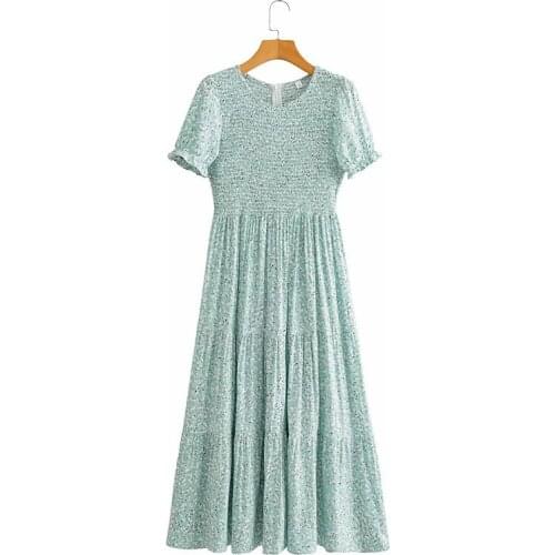 Y2K 2021 Women Spring Smocked Dress Adults Floral Print Round Neck Short Sleeve