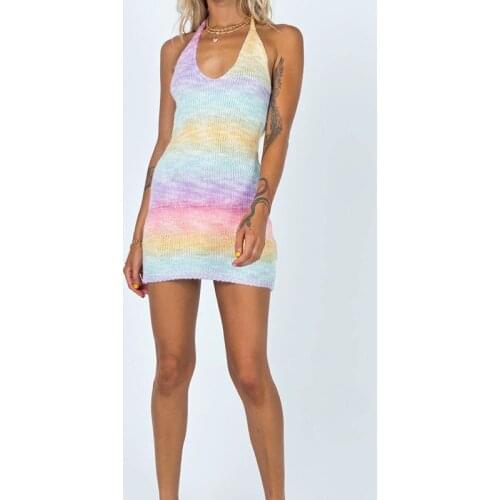 2021 summer European and American womens dress with buttocks, neck, wool dress, sexy backless rainbow knitted suspender dress