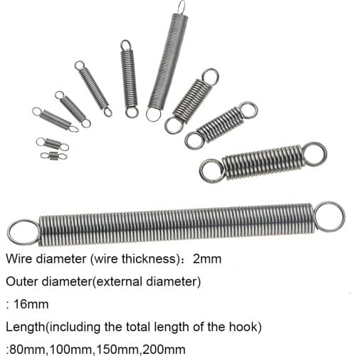 1PCS 304 Stainless Steel Dual Hook Small Tension Spring Hardware Accessories Wire Dia 2mm Outer Dia 16mm Length 80-200mm