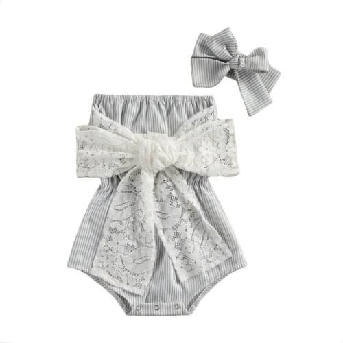 2021 0-24M Newborn Baby Girl Playsuit Summer Sweet Flower Lace Big Bow Off Shoulder Sleeveless Striped Romper+Headband 2pcs Set