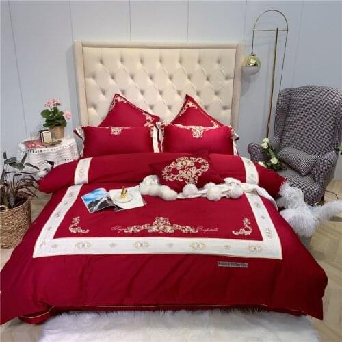 New Red 80S Egyptian cotton luxury Embroidered Bedding sets Queen King Wedding Duvet cover Bed sheet set Pillowcases 4/6pcs