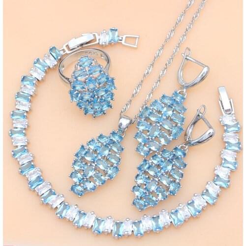 Sky Blue Crystal Jewelry Sets 925 Sterling Silver Decorations for Women Earrings Fashion 4PCS Party