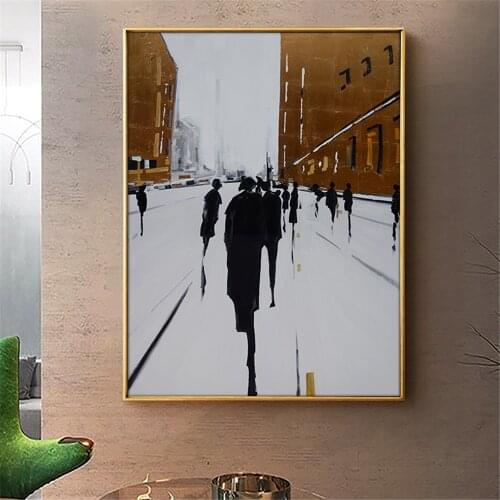 Abstract People In The Street Hand Painted Oil Paintings On Canvas Wall Art Golden Pictures For Living Room Home Decoration