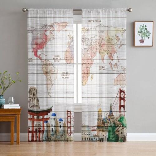 Wood Board World Map World Famous Buildings Voile Tulle Sheer Curtains for Bedroom Living Room Kitchen Decor Window Curtain