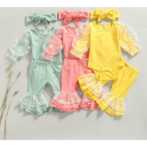0-24M Baby Girls Clothes Set Daisy Floral Mesh Long Sleeve Romper + Long Flared Pants + Headband 3Pcs Autumn Casual Outfits
