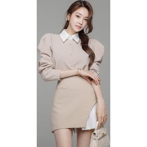 New arrival fashion set women spring professional OL ladies vintage puff sleeve shirt and high waist skirt asymmetric two-piece