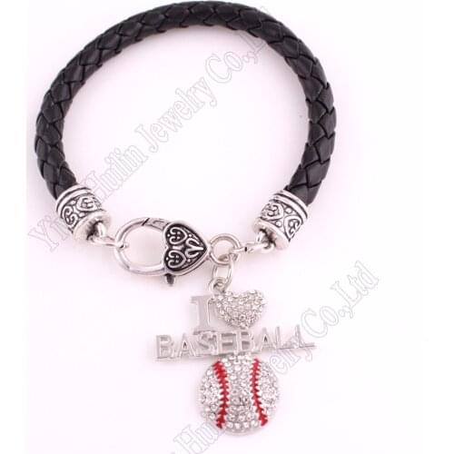 Fans Favorite Jewelry Drop Shipping 1.26"*1.3" inches I Love Baseball 2D Pendant Black leather Chain Lobster Claw Bracelets