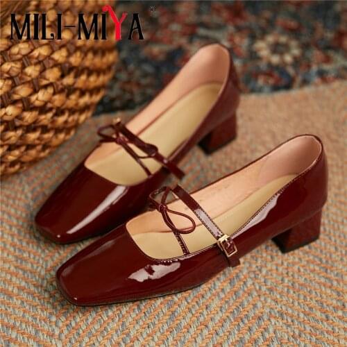 MILI-MIYA Fashion Women Cow Leather Pumps Buckle Strap Butterfly Knot Solid Color Square Toe Thick Heels Spring Autumn For Lady