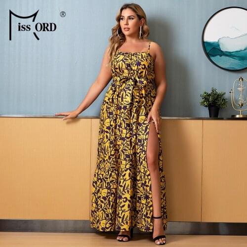 Missord 2021 Women Sexy Summer Dress Plus Size Strapless Spaghetti Strap Belted Side Split High Waist Print Casual Maxi Dresses