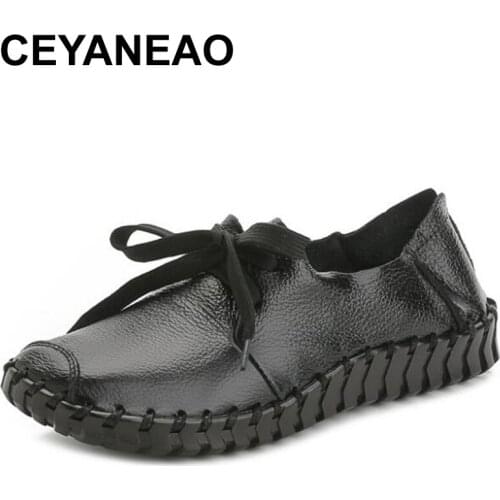 CEYANEAO New women lace-up shoes moccasins soft genuine leather ladies handmade shoes flat casual women shoes retro mom shoes