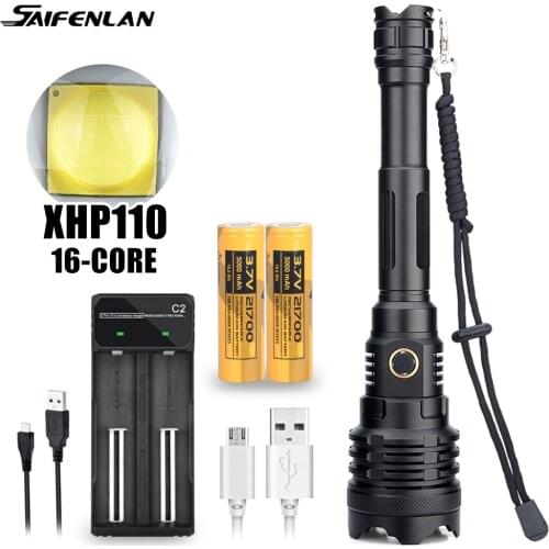 Newest 16-core XHP110 Tactical Flashlight High Power LED Torch Lamp USB Rechargeable 21700 Battery ZOOM Camping Powerful Torch