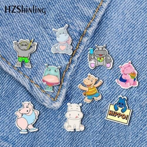 2019 New Funny Hippo Acrylic Lapel Pin Animal Art Butterfly Clasp Pin Epoxy Butterfly Brooch Handmade