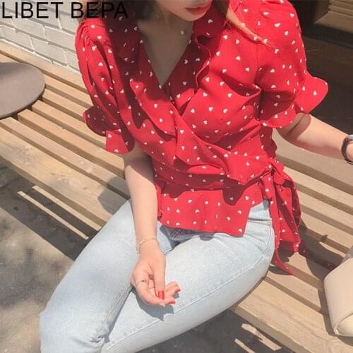New 2021 Summer Women Blouse V-Neck Casual Fashionable Chiffon Shirt Lace Up Bow Lantern Sleeve Heart Ruffles Short Tops BL1988