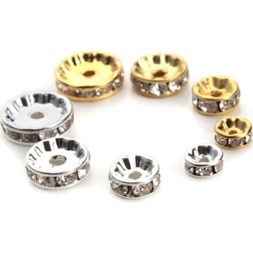 50pcs/lot 6/8/10/12mm Beads Gold Silver Color Rhinestone Crystal Rondelle Spacer Flat Loose Bead Jewelry Making DIY