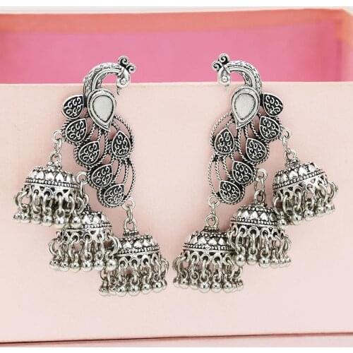 Indian Peacock Jhumka Jhumki Drop Earrings for Women Vintage Gold Alloy Oxidized Long Tassel Earring Gypsy Tribal Jewelry