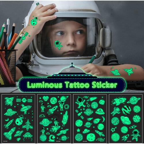 Luminous Tattoo Stickers Kid Temporary Waterproof Universe Space Fake Tattoos Glow Face Arm Leg for Children Body Art Sticker
