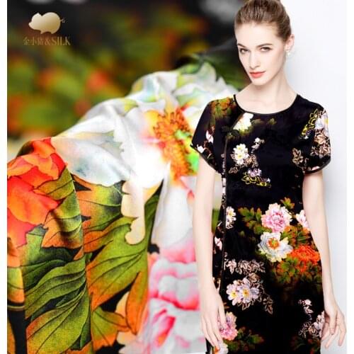 1.08 Meter X 1 Meter Large Flower Print Black Chinese Stretch Satin Fabrics Mulberry Silk Making Clothing