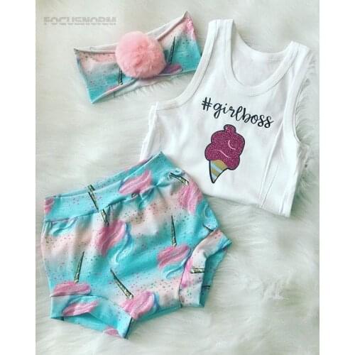 FOCUSNORM 0-24M Kids Girls Clothes Sets Letter Ice Cream Print Sleeveless Pullover Tops Shorts Headband