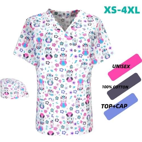 New Women Men Scrub uniform top Cartoon Dental Clinic workwear scrub top Anime Print working clothes Short Sleeve Tops Wholesale