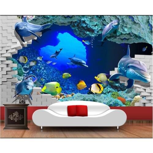 WDBH Custom photo 3d wallpaper Broken Wall Dolphin Underwater World room home decor 3d wall mural wallpaper for walls 3 d