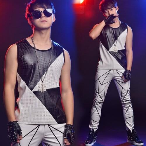 S-6XL!!Bar nightclub male singer costumes stage wear custom black and white patchwork perforated leather vest