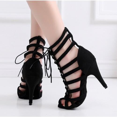 Women High Top Latin Dance Boots Beige Black Ballroom Salsa Dancing Shoes For High Heel Pratice Latino Dance Shoe Sandal Outdoor