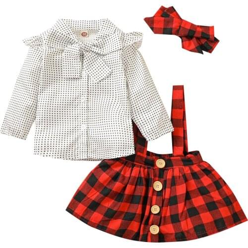 Newborn Baby Christmas Set 2021 Long Sleeve Polka Dot Blouse Plaid Printed Pattern Suspender Skirt Headband Baby Girl Clothes
