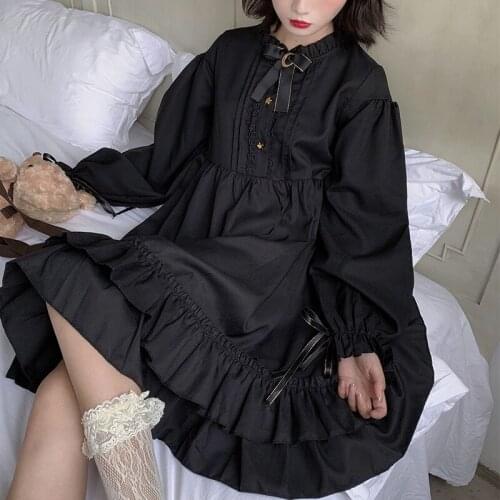 Dark Lolita Dress for Women 2021 Spring New Japanese College Style Loose Sweet Lotus Leaf Mid-Length Dress kawaii dress