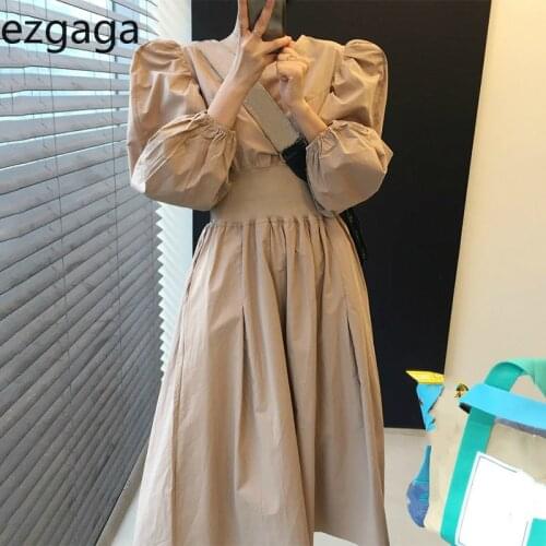 Ezgaga French Style Fashion Dress Women Chic Autumn Ruched Long Puff Sleeve Big Swing Slim Waist Party Dress Elegant Vestidos