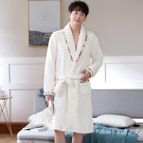 Winter Mens White Bath Robe Long-sleeve Coral Fleece Flannel Pajamas for Men Bathrobe Male Kimono Dressing Gowns Sleepwear