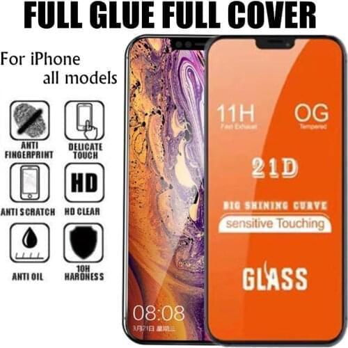 1000pcs 21D Full Glue Coverage Tempered Glass Guard Screen Protector Film For iPhone 12 Mini 11 Pro Max XS XR X 8 7 6 6S Plus SE