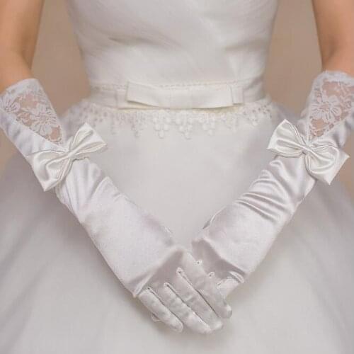 2018 Long Design White Satin Bow Lace Bridal Gloves Wedding Gloves Wedding Accessories