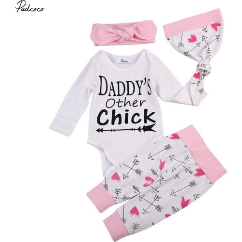 4pcs Baby Girl Clothing Newborn Toddler Baby Girls Cotton Rompers Jumpsuit+Long Print Pants Headband Hats Outfits Set Clothes